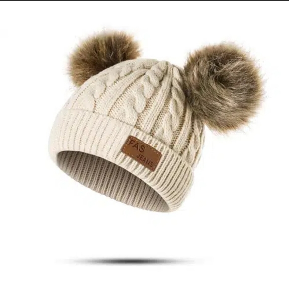 Other - Toddler Knit Cap, Thermal Knitted Beanie Hat With Two Plush Balls NWT